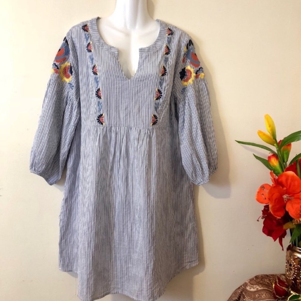 Pin Striped Embroidered Floral Print Dress